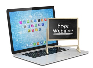 Laptop with chalkboard, free webinar, online education concept