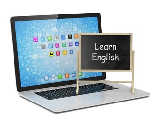  Laptop with chalkboard, learn english, online education concept