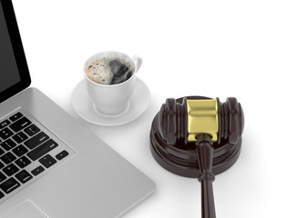 Gavel, laptop and coffee