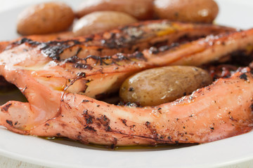 boiled octopus with potato on white plate
