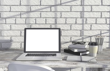 Fototapeta premium 3D illustration laptop and work stuff on table near brick wall, Workspace