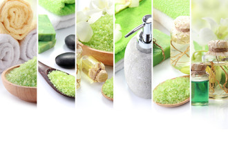 Green spa concept collage. soap and essensials spa objects