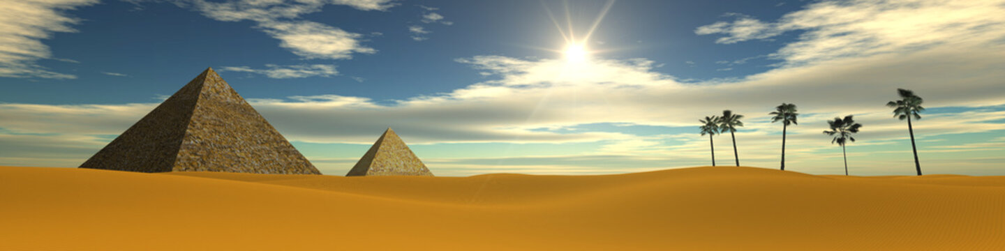 Sunset in the desert. Egyptian pyramids. Panarama desert.