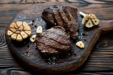 Close-up of grilled marbled meat schnitzels, selective focus