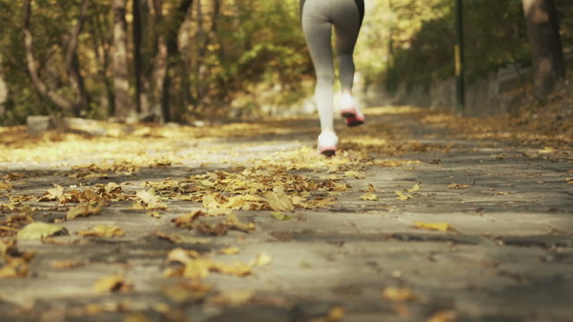 Close up of feet of a runner women running in autumn leaves. Fitness healthy lifestyle.