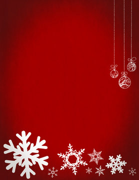 Christmas snowflakes and baubles on red background