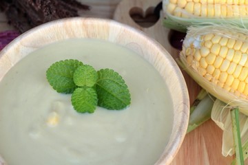 Corn soup of delicious and fresh corn .