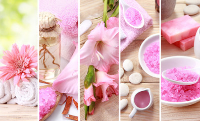 pink spa concept collage. soap and essensials spa objects