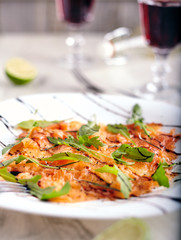 Salmon carpaccio close up