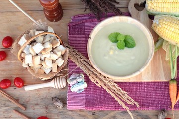 Corn soup of delicious and fresh corn .