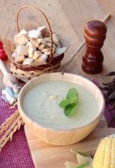 Corn soup of delicious and fresh corn .
