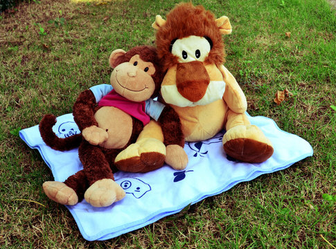 Monkey And Lion Doll Hugging In Garden