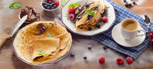 Crepes with Raspberries, Blueberries and Chocolate cream for bre