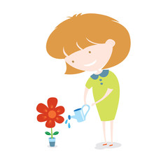 Girl Watering The Flower Vector Illustration. EPS10