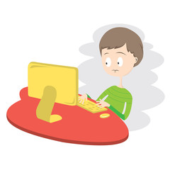 Fototapeta premium Unhappy Boy Using Computer Vector Illustration.EPS10