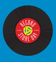 Record Store Day vector design featuring illustration of 45 rpm single record with record insert spindle adaptors and the words Record Store Day. Easy to edit and fully scalable.