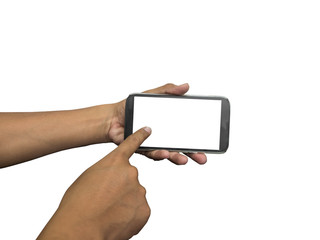 hands are holding and pointing on Smart Phone Isolated on white