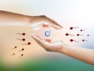 Human hand protect  Male Female symbol with sperm. Safe Sex conc