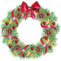 Fototapeta na wymiar Couronne de Noël : branches de sapin, pommes de pin, noeud, boules et ruban rouge, étoiles or