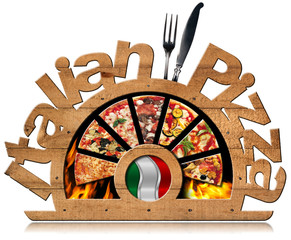 Obrazy na Szkle  Drewniany symbol włoskiej pizzy z płomieniami / Drewniany symbol z kawałkami pizzy, płomieniami, tekstem Włoska pizza, srebrnymi sztućcami i włoską flagą. Na białym tle