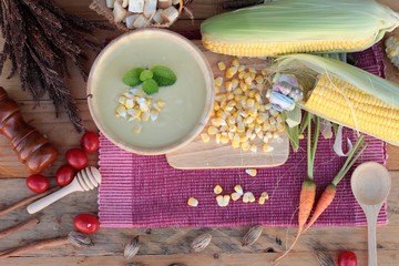 Corn soup of delicious and fresh corn .