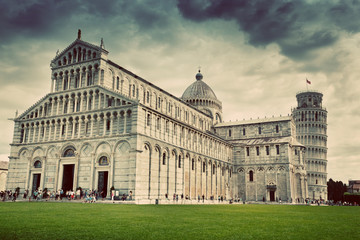 Obraz premium Pisa Cathedral with the Leaning Tower of Pisa, Tuscany, Italy. Vintage