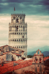 The Leaning Tower in Pisa, Italy. Unique rooftop view. Vintage