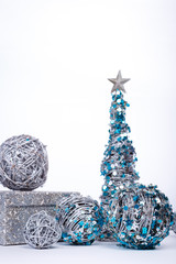 Blue and silver xmas decoration with copy space