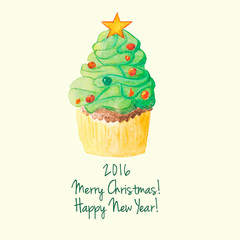 Christmas and New Year watercolor cupcake greeting card