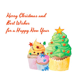 Christmas and New Year watercolor cupcake greeting card