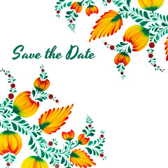 Traditional Ukrainian folk  painting in Petrykivka style. Hand drawn Petrikovka illustration. Gouache painting. Save the date card