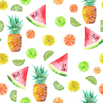 A pattern with the colored watercolor candied fruits, pineapple, lime and watermelon painted on a white background