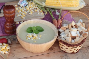 Corn soup of delicious and fresh corn .