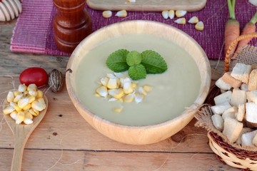 Corn soup of delicious and fresh corn .