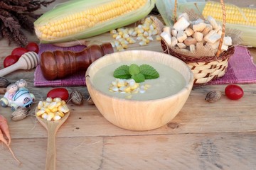 Corn soup of delicious and fresh corn .