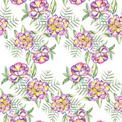 A seamless floral pattern with the watercolor violet and yellow exotic flowers and green leaves painted on a white background