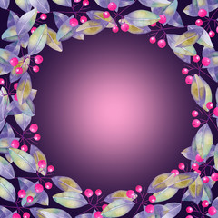 A wreath (frame) of branches with the red berries and leaves painted in watercolor on a violet background, greeting card, decoration postcard or invitation