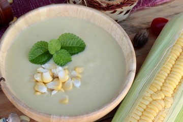 Corn soup of delicious and fresh corn .