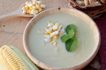 Corn soup of delicious and fresh corn .