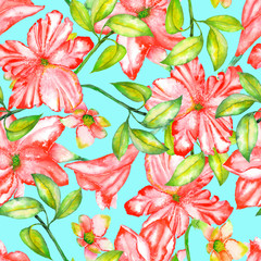 A seamless pattern with the watercolor red exotic flowers, hibiscus on a turquoise background