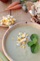 Corn soup of delicious and fresh corn .