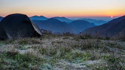 Tent on a a top of the mountain. Bulgaria.