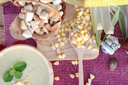 Corn soup of delicious and fresh corn .