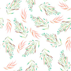 Fototapeta na wymiar A seamless floral pattern with the green, brown and pink watercolor plants, seaweeds on a white background