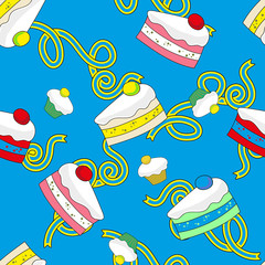 Materiał do szycia Seamless background sweet dessert cakes and muffins on backdrop strips tape
