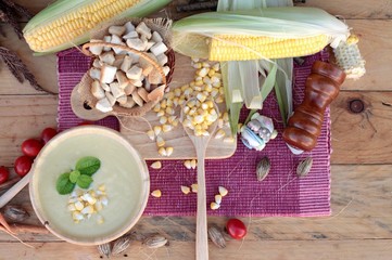 Corn soup of delicious and fresh corn .