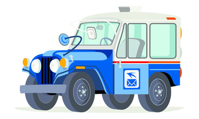 Caricatura Willys Jeep CJ5 US Mail azul vista frontal y lateral