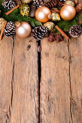 Christmas decoration, balls on dark wooden background 