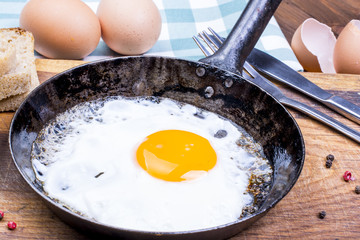 Fried egg on pan.