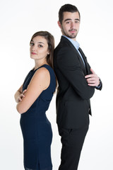 Lovely young couple back to back isolated on white background